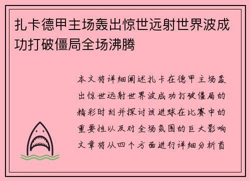 扎卡德甲主场轰出惊世远射世界波成功打破僵局全场沸腾